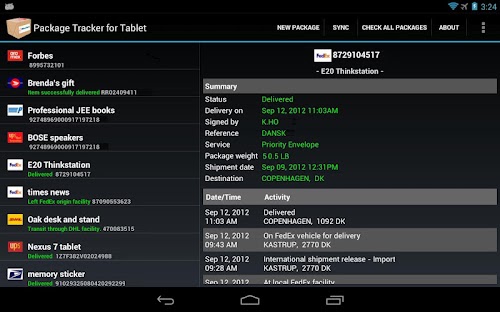 Android application Package Tracker for Tablet screenshort