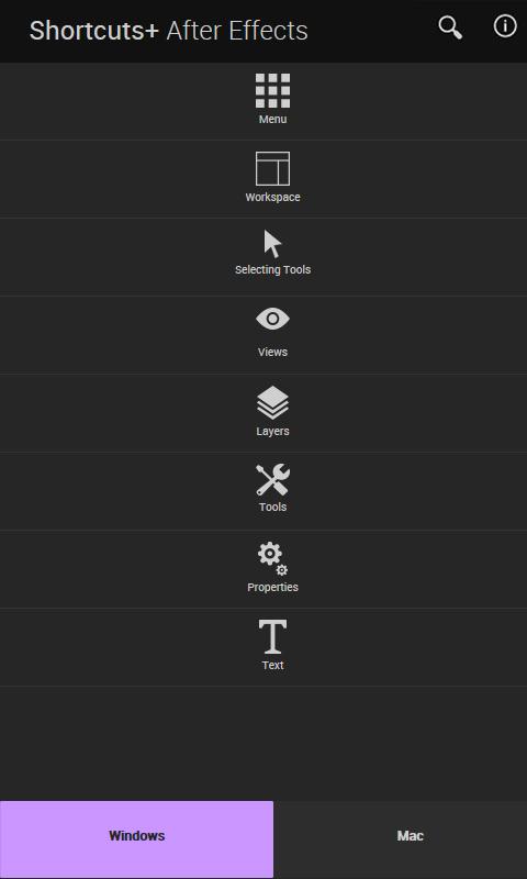 Android application Shortcuts+ After Effects screenshort