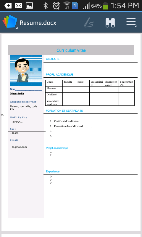 Android application CV / Resume - French screenshort