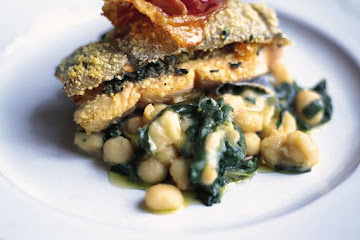 Roast trout with spinach, sage and prosciutto
