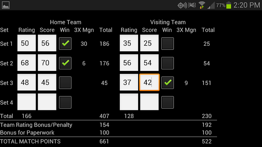 USAPL Match Calculator Screen 3