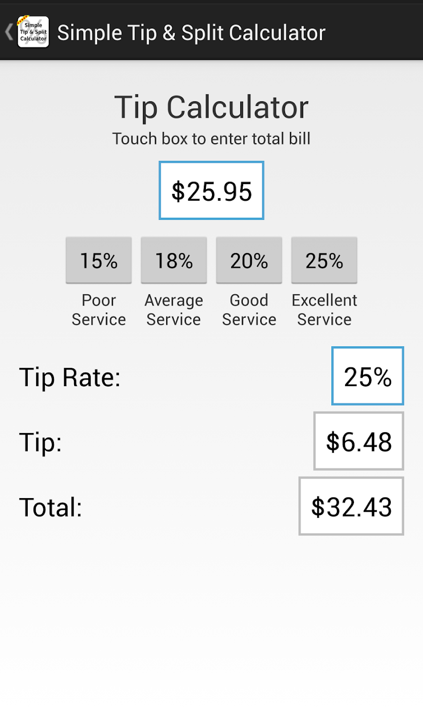 Simple Tip &amp; Split Calculator Screen 2