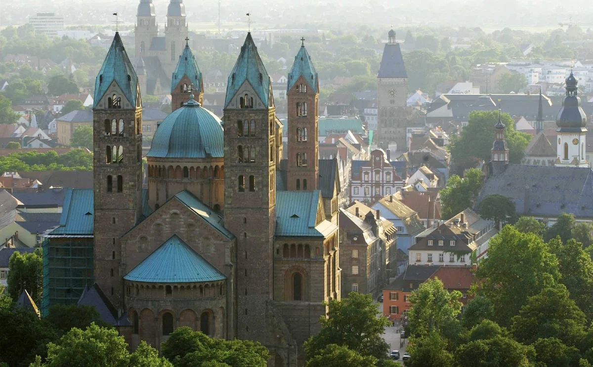 Germany-Speyer-Cathedral-skyline - A view of historic Speyer Cathedral and surrounding rooftops in Speyer, Germany. 