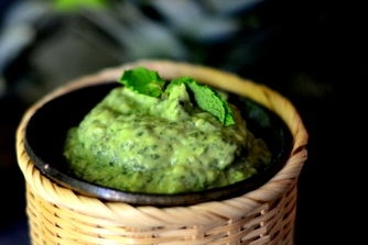 Mint/cilantro avocado spread with grilled Halloumi