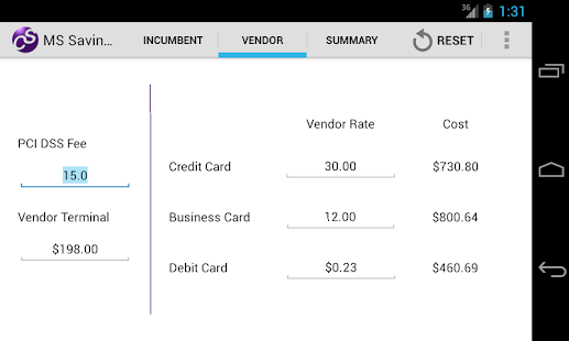 Android application MS Savings Calculator screenshot