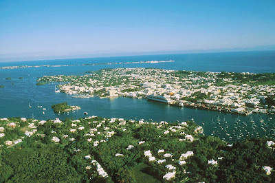 An aerial view of popular Hamilton Harbor in Bermuda. Several cruise lines make stops here.