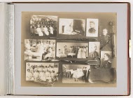 Compositie van tien foto's van personen en onderwijs aan de Keizerlijke Militair-Medische Academie, gecombineerd met decoratie van medische instrumenten