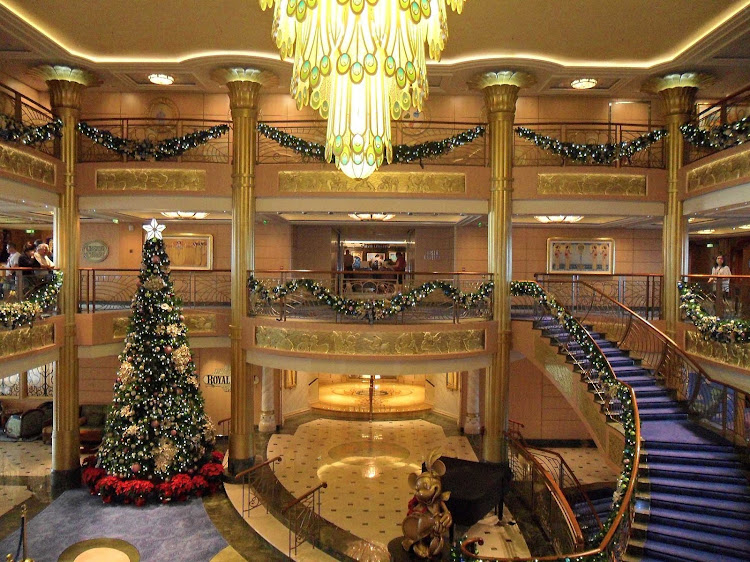 The atrium lobby on Disney Fantasy during Christmastime.
