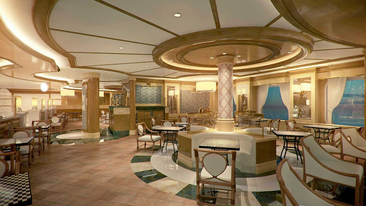 With 121 seats, Alfredo’s Pizzeria aboard Royal Princess features freshly prepared Neapolitan-style pizzas, calzones, flatbreads and baked pasta. Princess calls it "the largest complimentary pizza restaurant at sea."