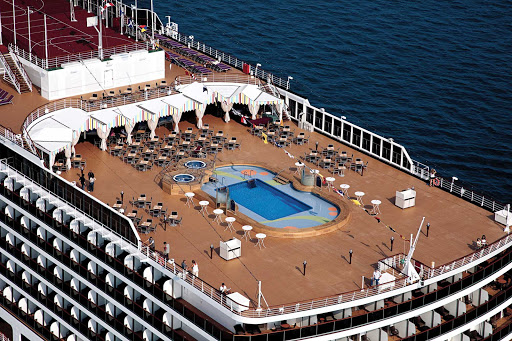 An aerial view of the pool deck in the aft of Holland America Line's Nieuw Amsterdam.