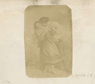 Fotoreproductie van (vermoedelijk) een prent met een jongeman die een meisje probeert te kussen