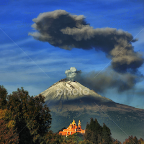 Smoking volcano and church by Cristobal Garciaferro Rubio - Landscapes Mountains & Hills