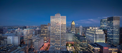 The cityscape of downtown Montreal at dusk.