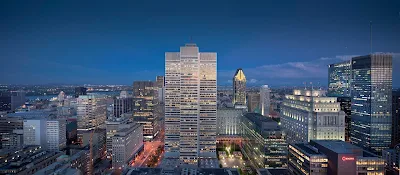 The cityscape of downtown Montreal at dusk.
