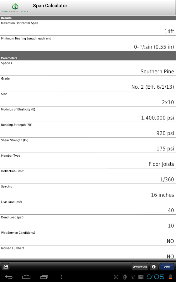 AWC Span Calc - screenshot