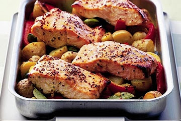 Sweet mustard salmon with garlicky veg