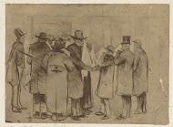 Fotoreproductie van een tekening van negen mannen die bedroefd afscheid nemen van Vreeswijk ('de Palingboer') naar Jozef Hoevenaar