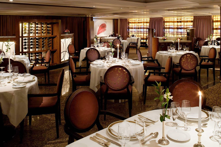 The Restaurant features a wide variety of dishes prepared to your order by veteran chefs. The venue serves breakfast, lunch and dinner on an open-seating basis, inviting Seabourn guests to dine when, 
where and with whom they wish. (Note: Casual jeans are discouraged in The Restaurant after 6 pm.)