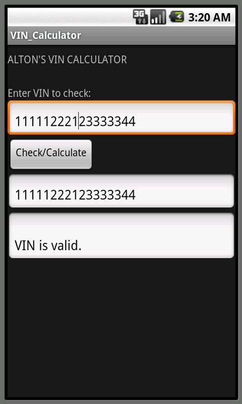 Altons VIN Calculator Screen 2