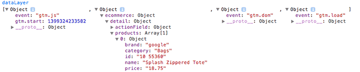 Screenshot of the dataLayer object inspected with Google Chrome Console.