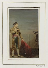 Portret van een onbekende stierenvechter (matador), met rode doek, degen en stierenkop