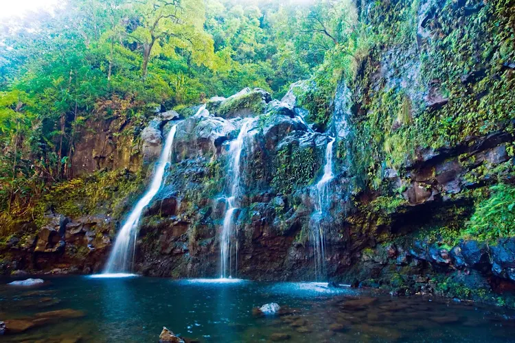 A tall waterfall along the coast of Maui. 