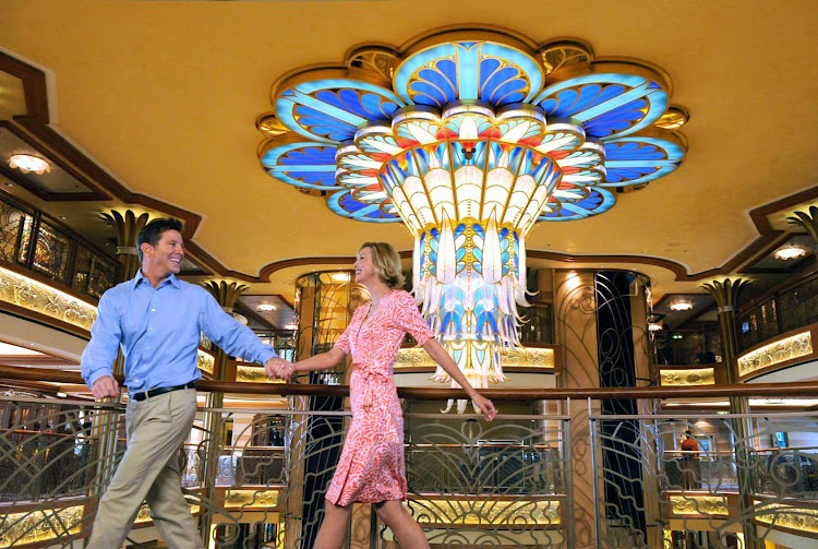 A colorful chandelier adorns the atrium of Disney Dream.