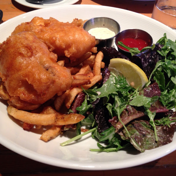Fish & Chips (codfish) with side salad. Chips fried in duck fat.