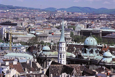 View from St. Stephen’s Cathedral of Western Vienna, Austria.