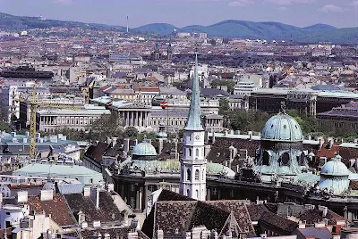 View from St. Stephen’s Cathedral of Western Vienna, Austria.