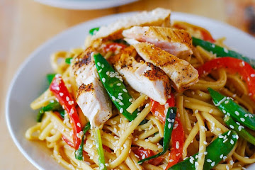 Asian Chicken Salad with Noodles and Creamy Peanut Sauce
