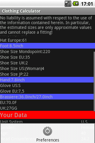 Clothing-Calculator Screen 2