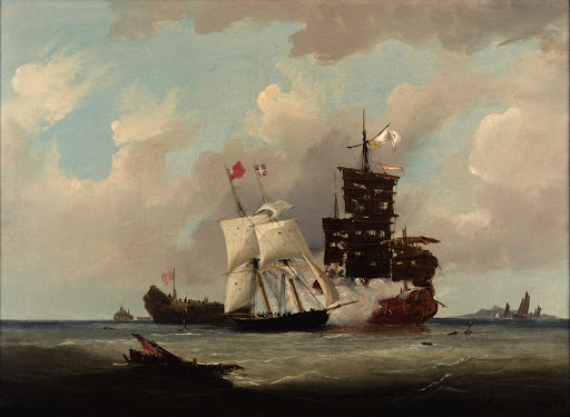 HMS Sloop Ariel engaging a pirate Chinese junk, 19th century