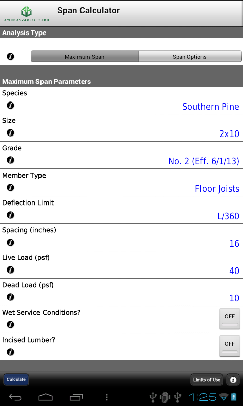AWC Span Calc - screenshot
