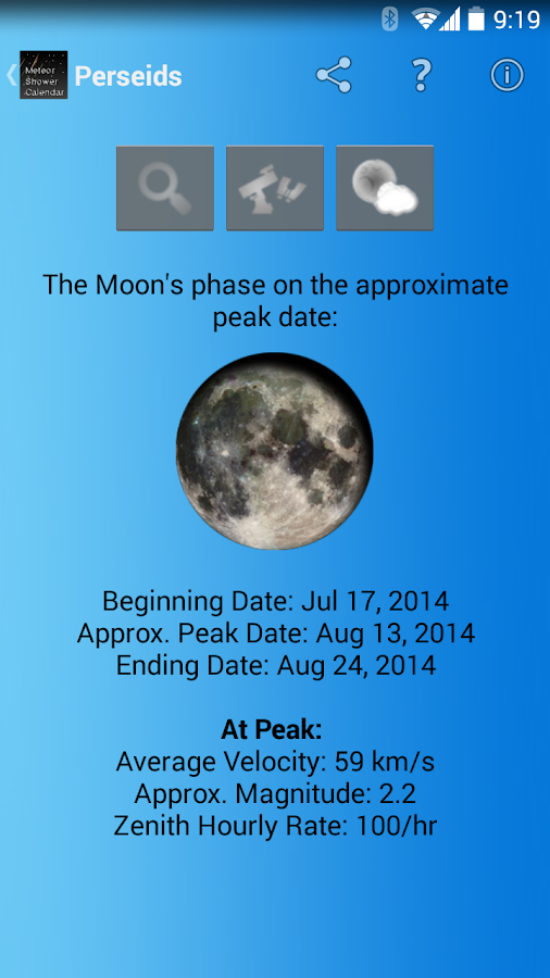 Meteor Shower Calendar Application. Image source: Google Play store