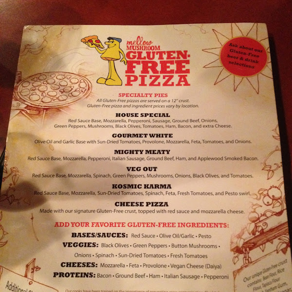 Gluten free menu. Not bad for fake pizza, clearly not the same... Closest to the real thing I've fou