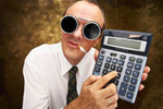 an image of a man with a calculator, goggle and a cigarette.