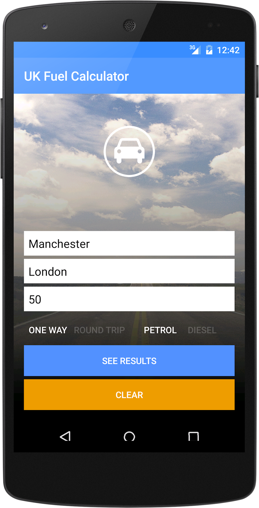 UK Journey Cost Calculator Screen 1