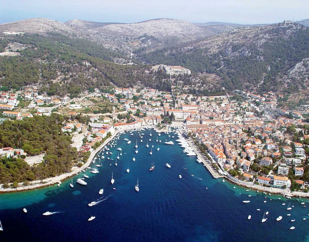 Hvar-Croatia-aerial - The lovely city of Hvar, on the Croatian island of the same name, is a treasure of natural beauty and charming architecture. The nightlife is pretty active, too. 