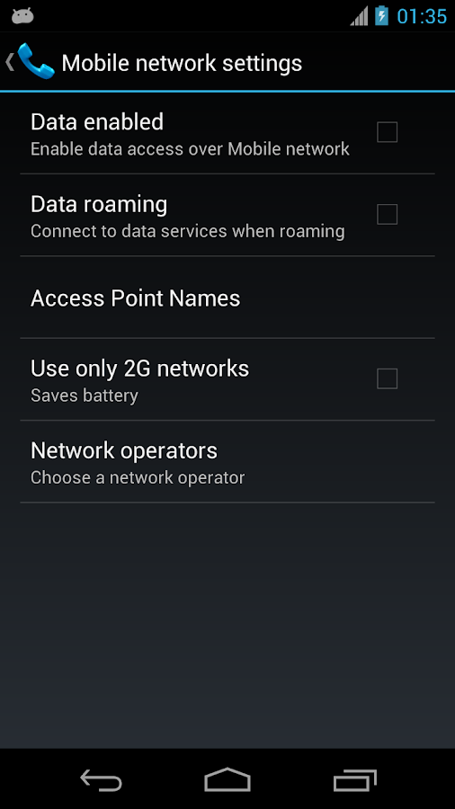 shortcut to mobile network in wireless network settings set options ...