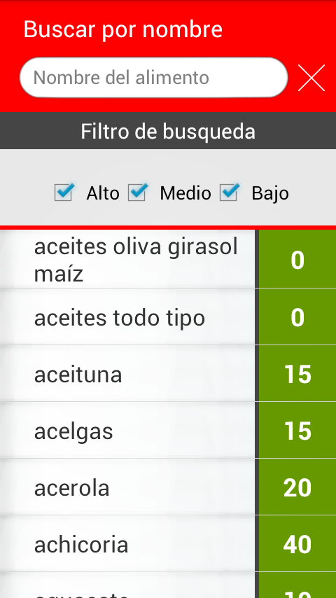 Android application GI glycemic index Pro screenshort