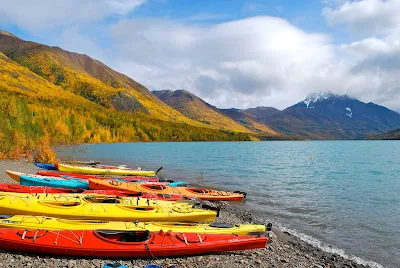 Kayaking on Eklutna Lake near Anchorage, Alaska.