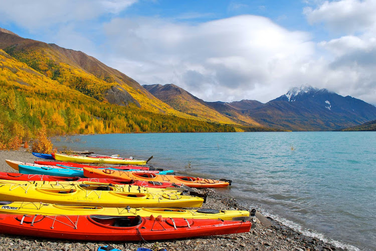 Kayaking on Eklutna Lake near Anchorage, Alaska.