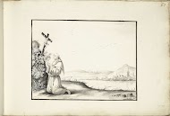 Monnik biddend voor een crucifix bij een rivier