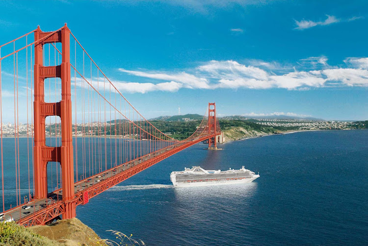  Grand Princess enters San Francisco Bay beneath the Golden Gate Bridge.  
