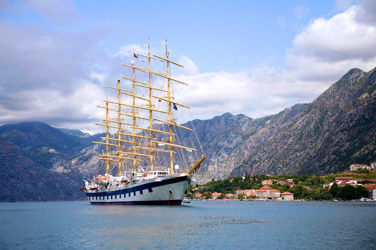 Royal Clipper arrives in Kotor, Montenegro, as part of a Mediterranean itinerary.  The ship carries just 227 guests and boasts 19,000 square feet of open deck and three swimming pools.