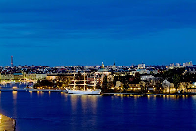 The "Blue Hour"along the waterfront in Stockholm, Sweden.