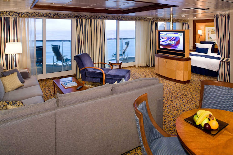 Luxury accommodations on Jewel of the Seas include the Owner's Suite, which offers a queen-size bed, private balcony, separate living area and other amenities.