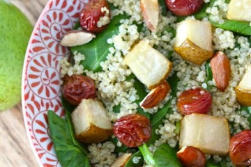 Spinach Quinoa Salad with Roasted Grapes, Pears, & Almonds