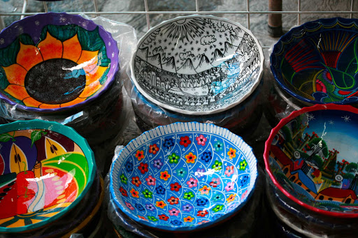 Artisans' bowls for sale in the market at Puerto Juarez near Cancun, Mexico.